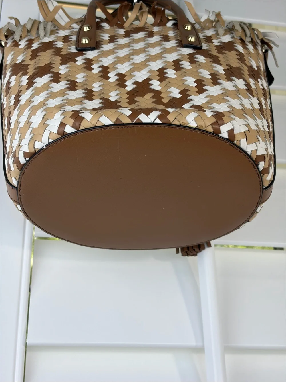 Michael Kors Marley Bucket Tan & White Woven Tote Bag